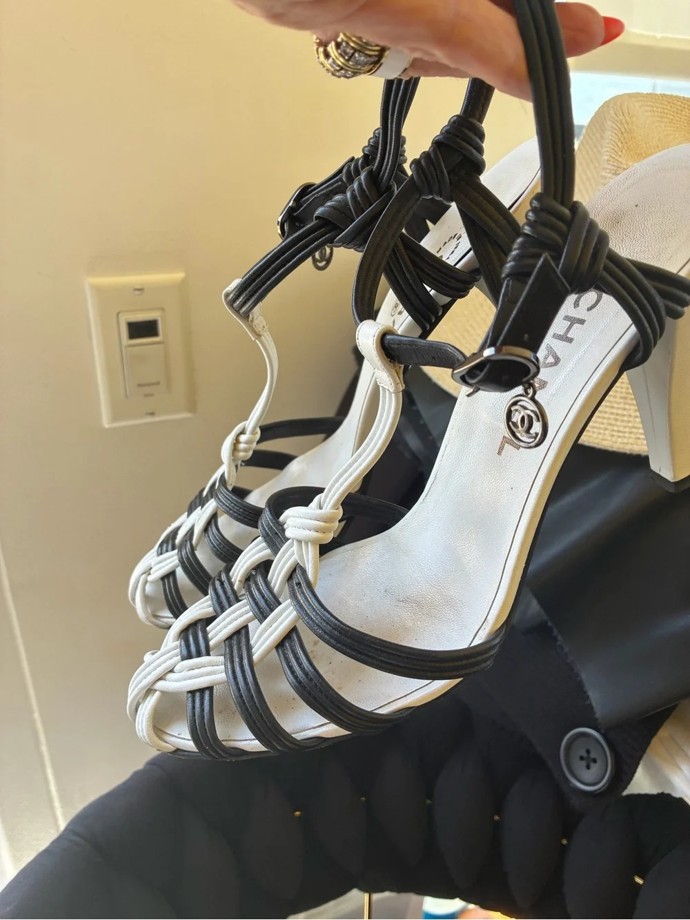 CHANEL Black and White Knotted Strap Sandals / 40